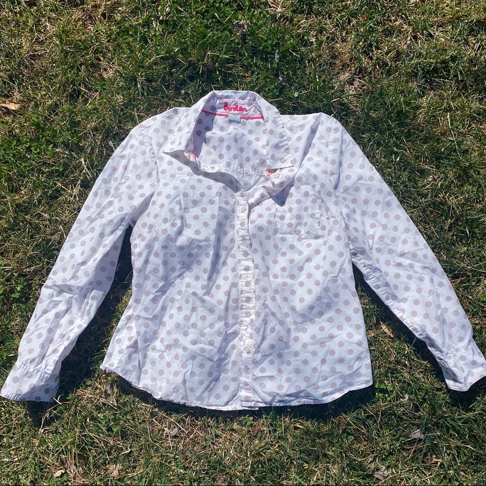 Anthropologie Boden white and grey polka dot button down top